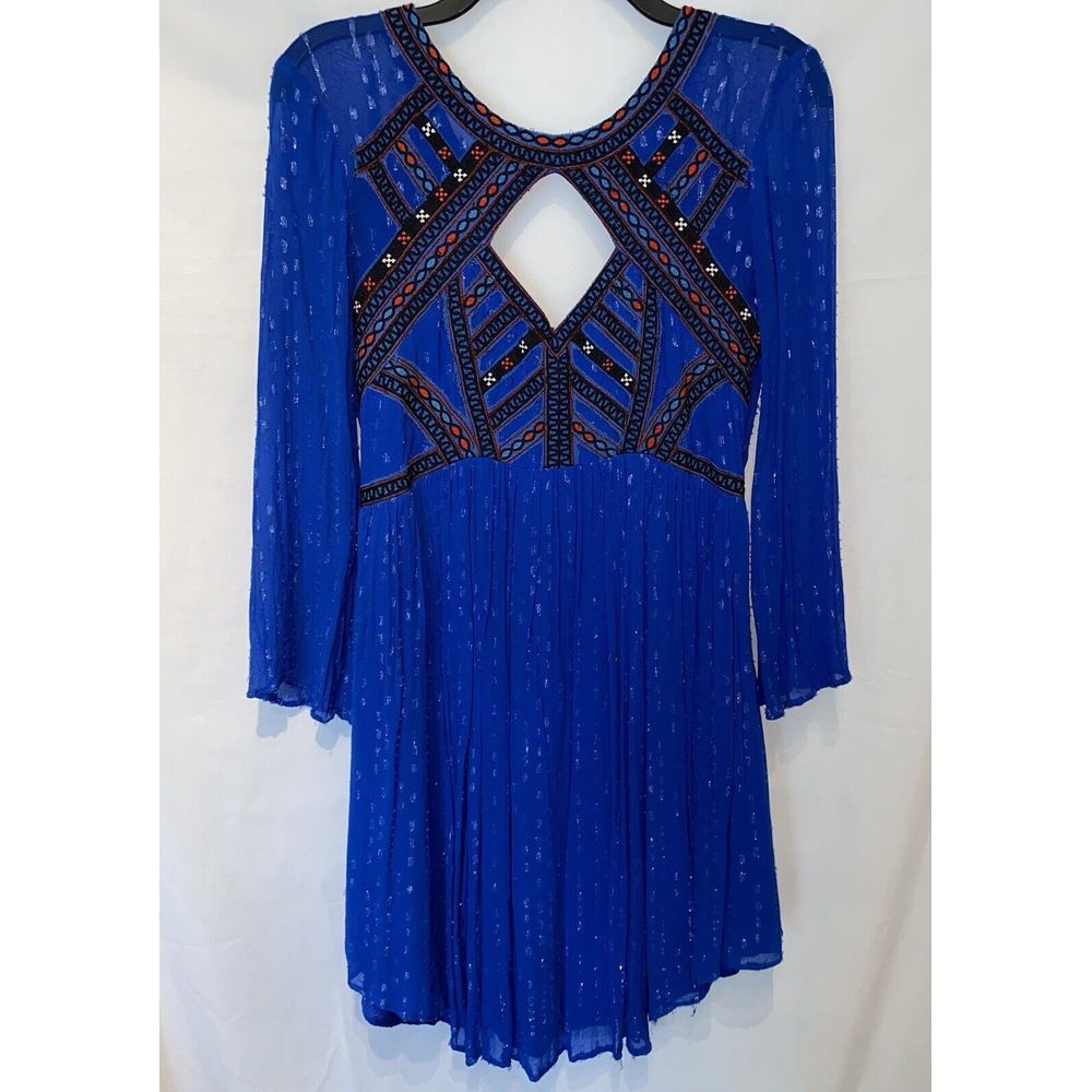 Free People Blue Mini Dress with Black and Red Accents